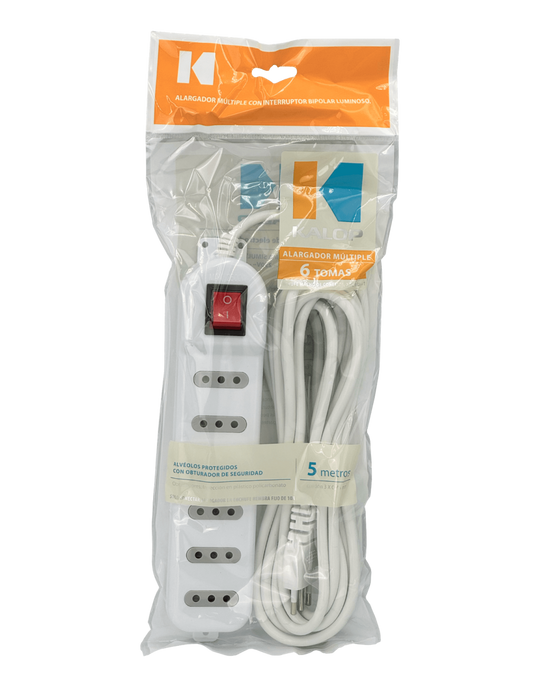 Alargador Zapatilla KALOP 5mts 6 tomas Blanco 10A con luz piloto
