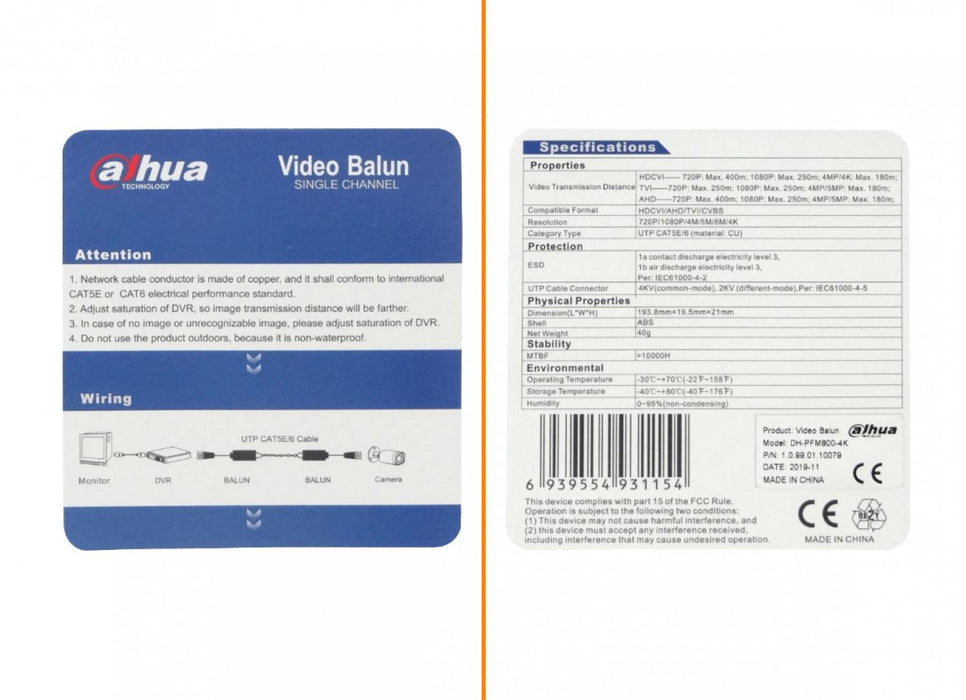 Balun de Video Pasivo 4K para CCTV DAHUA Clickbox