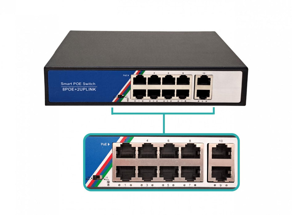 Switch PoE 8 Puertos 100 Mbps 2 Puertos Gigabit Clickbox