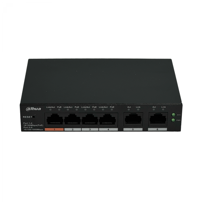 Switch DAHUA 6 Puertos 4 PoE 60W Industrial 26mm 53V Incluido