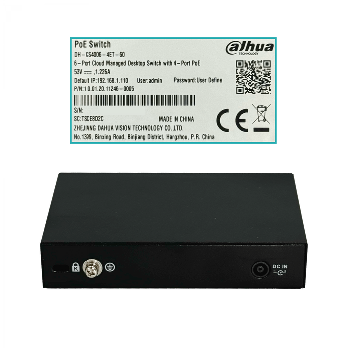 Switch DAHUA 6 Puertos 4 PoE 60W Industrial 26mm 53V Incluido