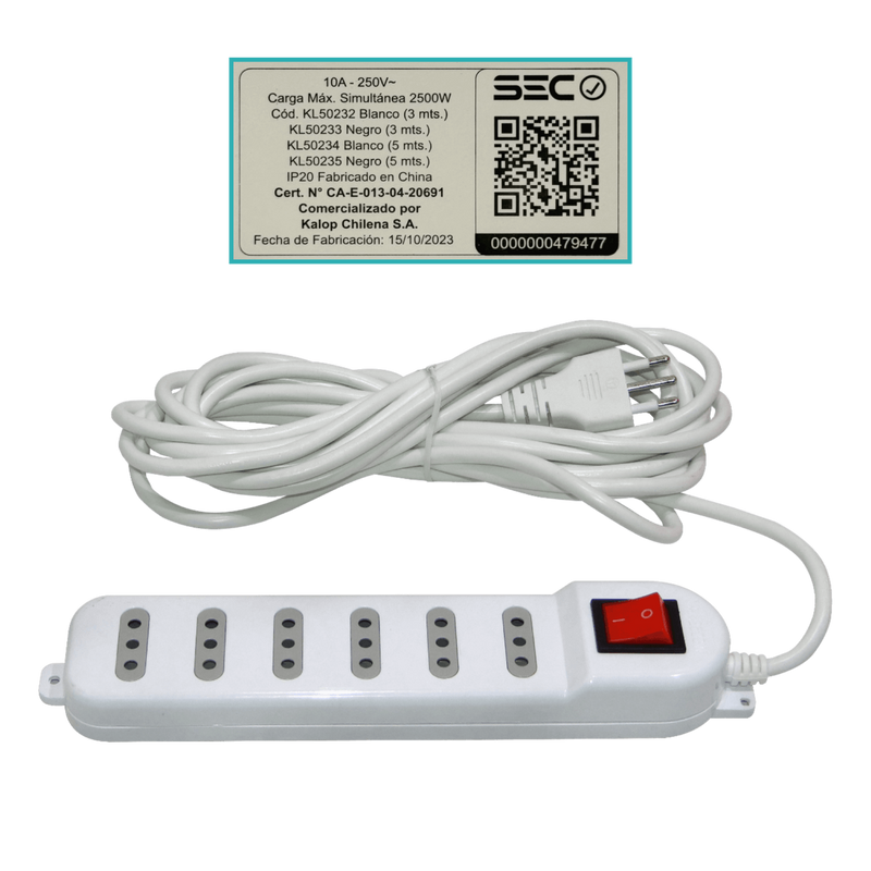 Alargador Zapatilla KALOP 5mts 6 tomas Blanco 10A con luz piloto