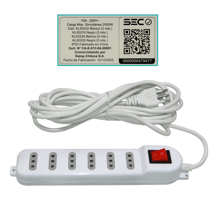 Alargador Zapatilla KALOP 5mts 6 tomas Blanco 10A con luz piloto