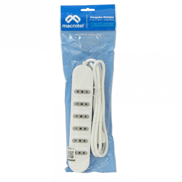 Alargador eléctrico MACROTEL Blanco 1,5mt con 6 Clickbox