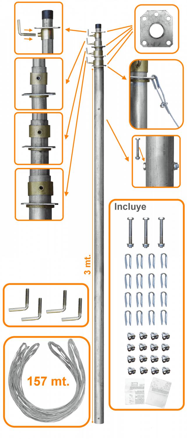 Mástil telescópico de 40 pies con vientos y 4 Clickbox